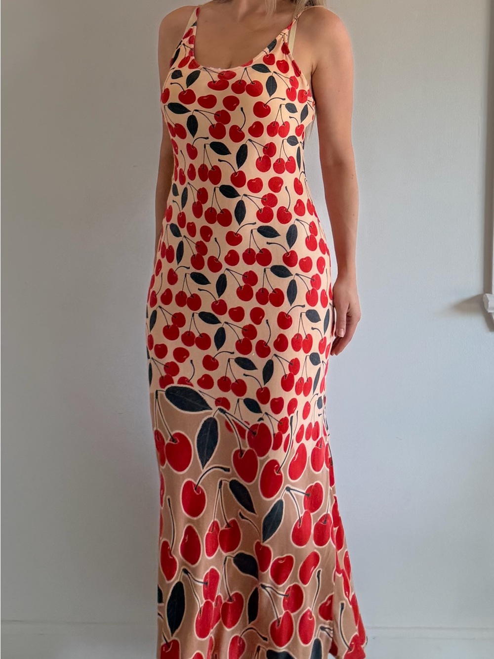 Anthropologie Maeve Cherry Print Slip Maxi Dress Size M / S Viscose Satin Boho - Picture 4 of 6